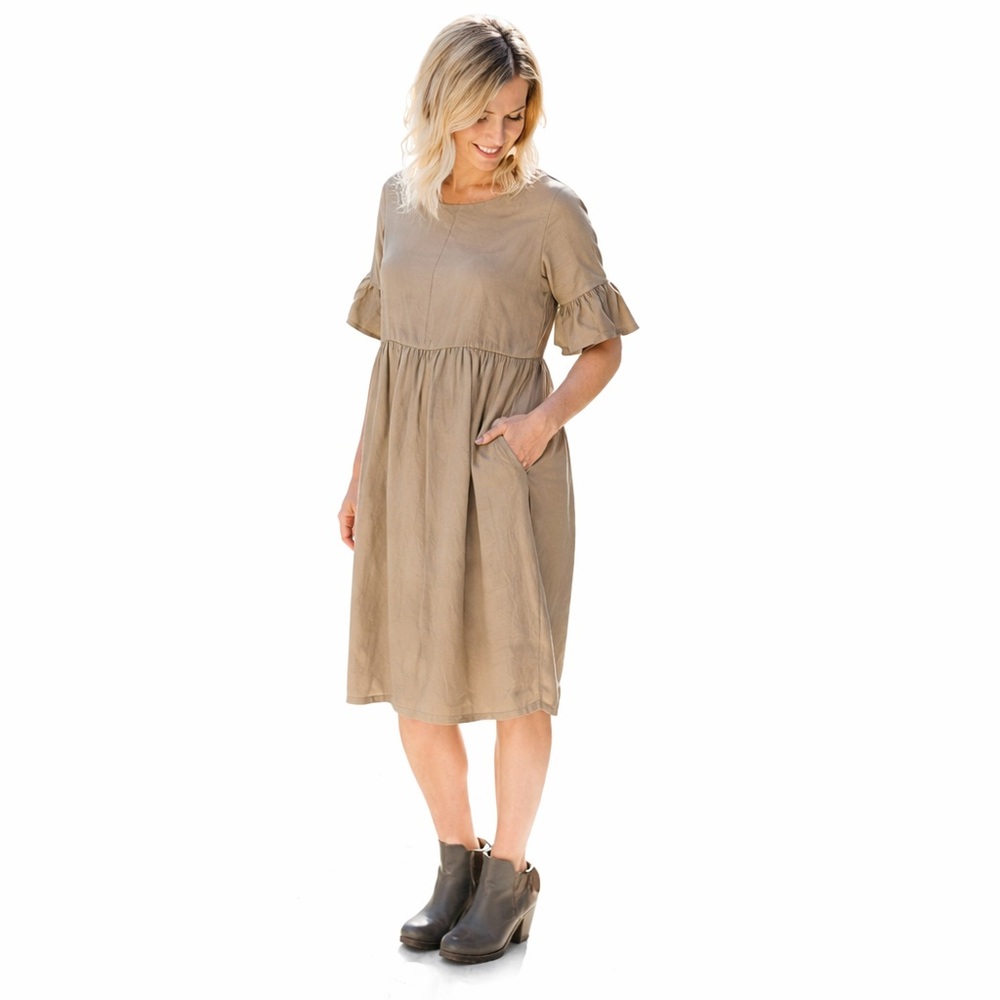 Tea N Rose Beige Ruffle Sleeve Babydoll Boho Dress Size S